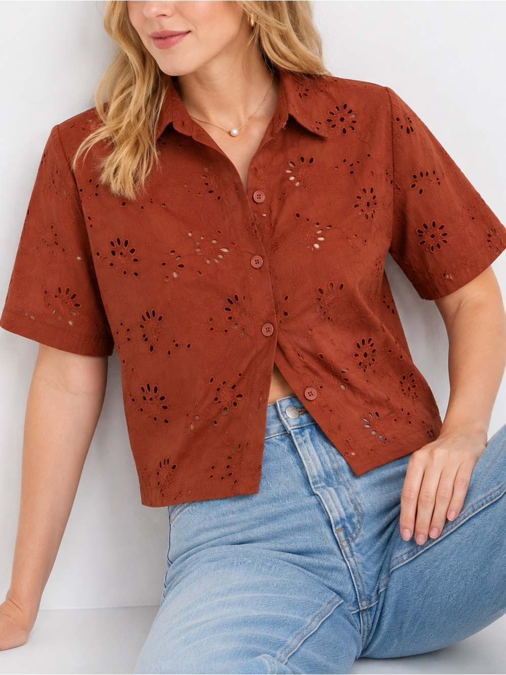 Future Collective Reese Blutstein Rust Eyelet Embroidered Button Up Shirt XL